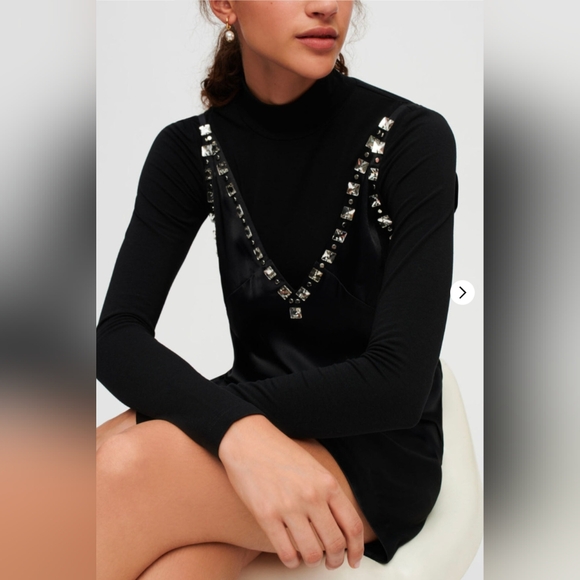 NWT MAJE Black satin dress with jeweled straps 40 Large - Picture 6 of 9